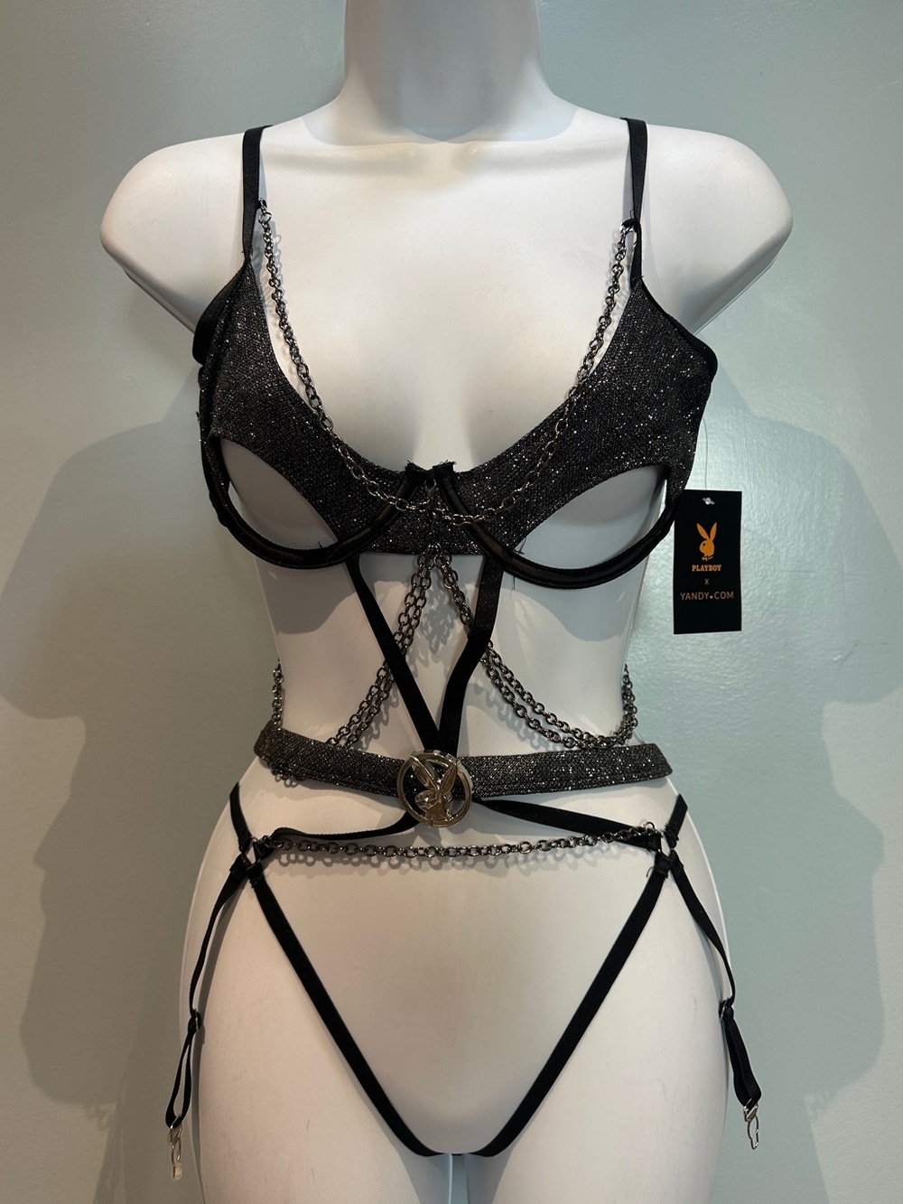 Playboy Yandy Black and Silver Bodysuit Set Small New with Tags